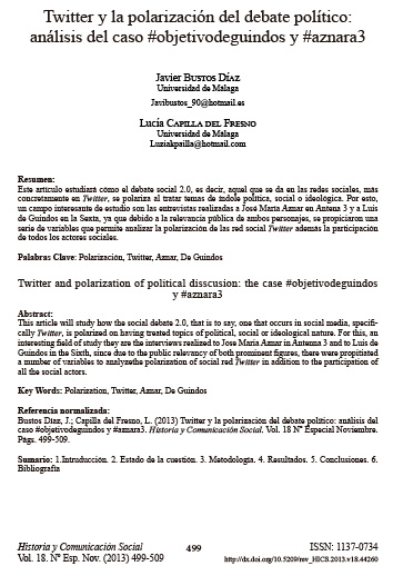 Twitter y la polarización del debate político: análisis del caso #objetivodeguindos y #aznara3. Revista Historia y Comunicación Social. Nº 18. Volumen 3. Año